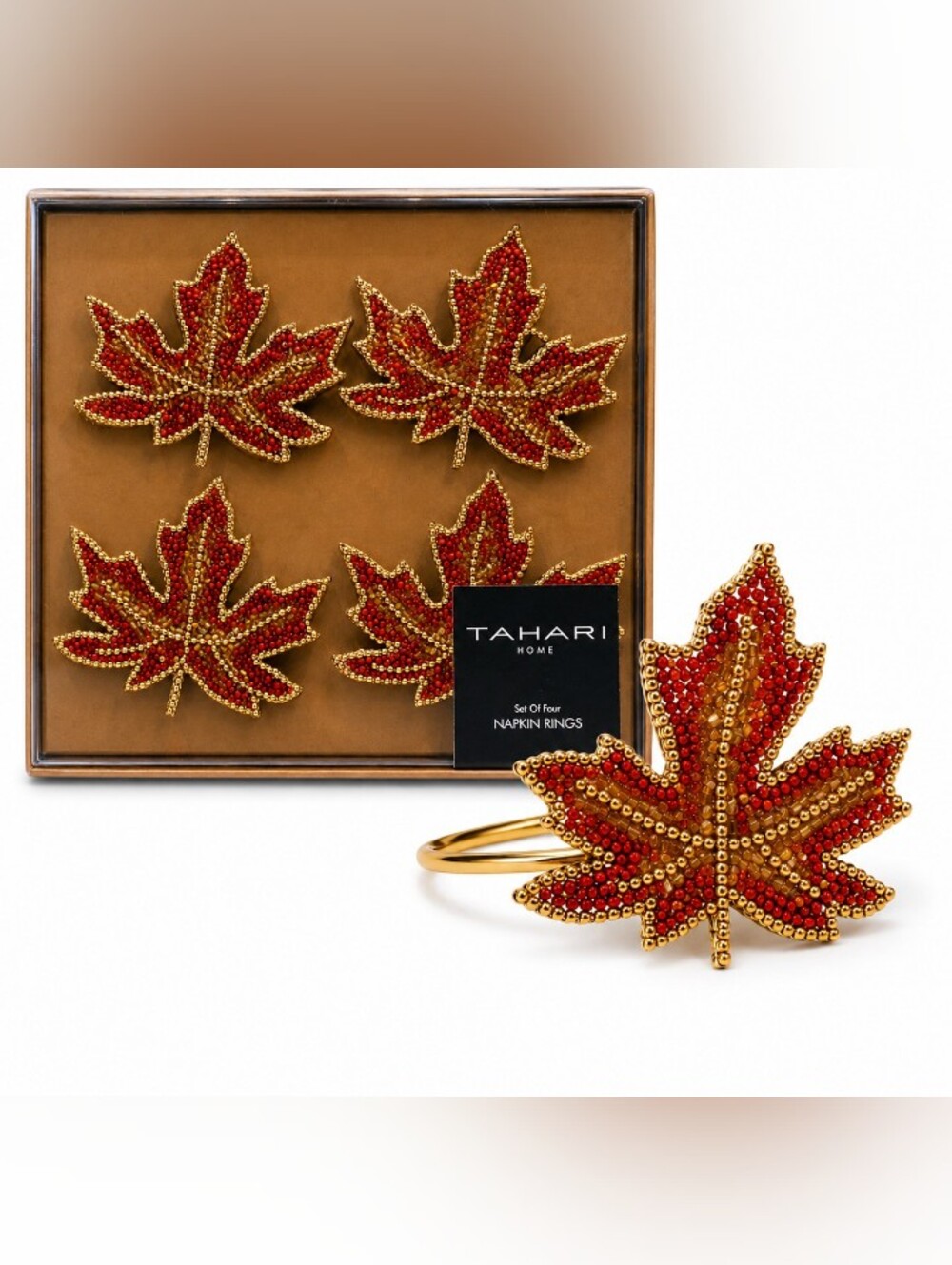 Tahari Home Red & Gold Beaded Maple Leaf Napkin Rings Set of 4